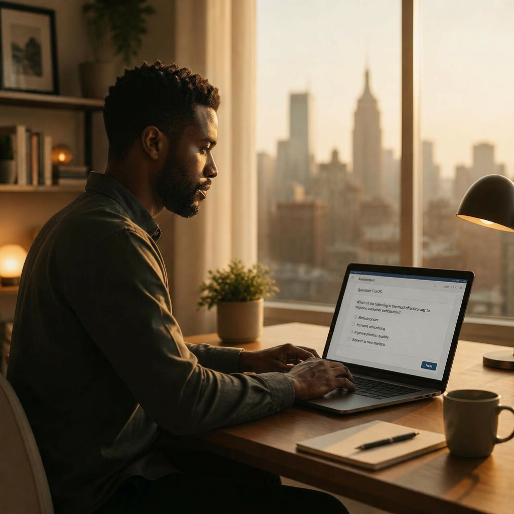 Person taking the assessment on a laptop at a sunlit home office desk