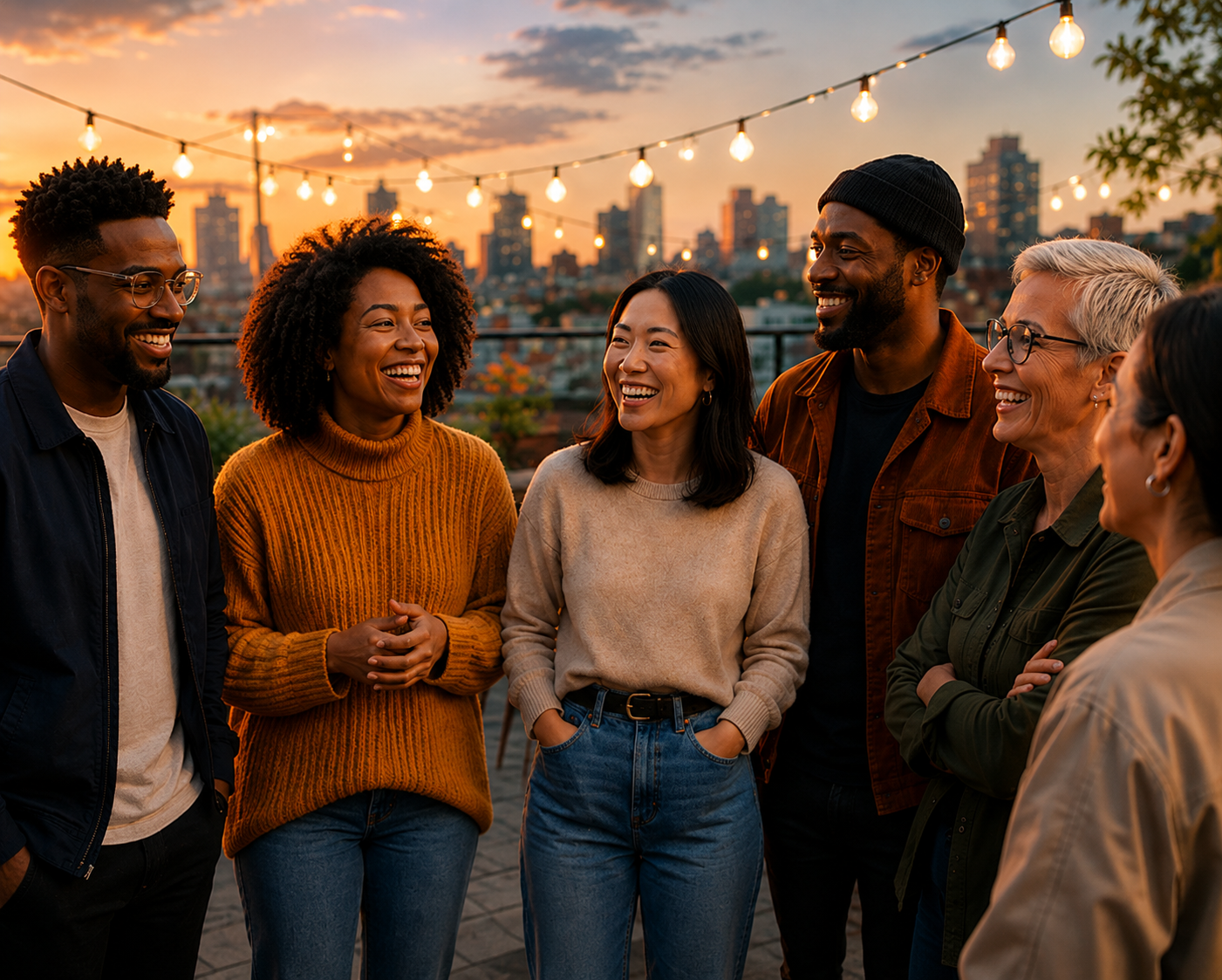 A group of people in conversation together on a rooftop at sunset